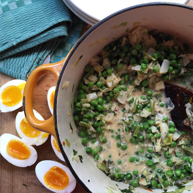 Indian spiced creamy peas turnips cabbage
