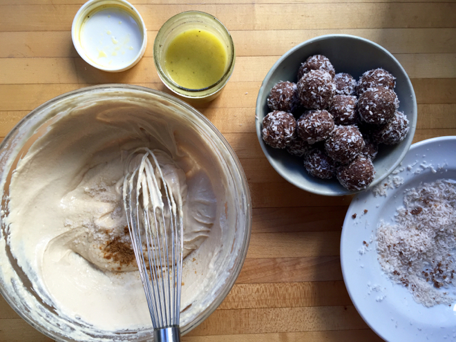 tehina sauce date balls vinaigrette